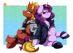 Size: 3430x2524 | Tagged: safe, artist:pridark, derpibooru import, oc, oc:aramau, oc:firebrand, unofficial characters only, pony, unicorn, armor, back to back, chest fluff, clothes, crossed legs, female, glasses, high heels, image, male, mare, patreon, patreon logo, patreon reward, png, shoes, sitting, skirt, skirt suit, stallion, suit, tube skirt