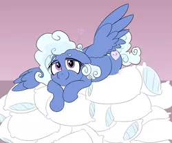 Size: 3627x3000 | Tagged: safe, artist:comfyplum, derpibooru import, oc, oc:comfy pillow, unofficial characters only, pegasus, pony, blushing, cute, female, heart, image, looking at you, lying down, mare, pegasus oc, pillow, pillow pile, png, soft, solo, wings