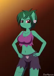 Size: 4961x7016 | Tagged: suggestive, alternate version, artist:donmarcino, derpibooru import, ponified, anthro, genie, pony, undead, unicorn, zombie, breasts, cleavage, clothes, costume, ear piercing, earring, female, halloween, halloween costume, holiday, horn, image, jewelry, piercing, png, rottytops, shantae, shorts, simple background, skull, solo, tanktop