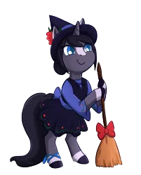 Size: 1420x1764 | Tagged: safe, artist:foxhatart, derpibooru import, oc, oc:lavender rose, pony, unicorn, bipedal, broom, clothes, dress, female, hat, hoof hold, image, mare, png, shirt, simple background, solo, transparent background, witch hat