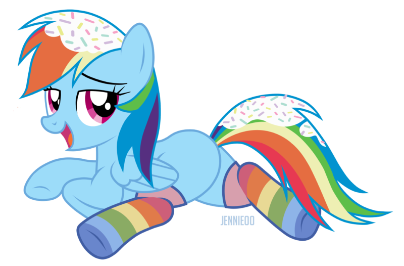 Size: 1200x789 | Tagged: safe, artist:jennieoo, derpibooru import, rainbow dash, pegasus, pony, clothes, cute, food, happy, image, lying down, png, prone, rainbow, rainbow socks, sexy, show accurate, simple background, smiling, socks, solo, sprinkles, stockings, striped socks, sweet, thigh highs, transparent background, vector