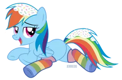 Size: 1200x789 | Tagged: safe, artist:jennieoo, derpibooru import, rainbow dash, pegasus, pony, clothes, cute, food, happy, image, lying down, png, prone, rainbow, rainbow socks, sexy, show accurate, simple background, smiling, socks, solo, sprinkles, stockings, striped socks, sweet, thigh highs, transparent background, vector