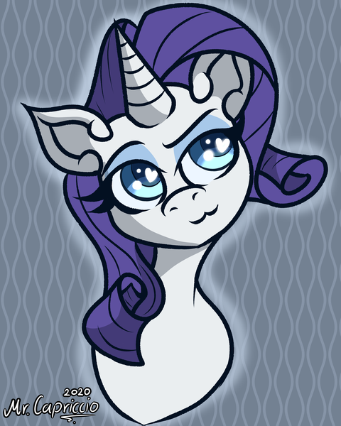 Size: 3000x3750 | Tagged: safe, artist:mrcapriccio, derpibooru import, rarity, pony, unicorn, :3, abstract background, bust, cute, heart, heart eyes, high res, horn, image, png, simple background, smiling, smug, solo, wingding eyes