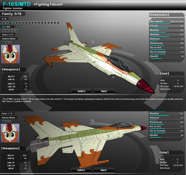 Size: 1280x1206 | Tagged: safe, artist:lonewolf3878, derpibooru import, autumn blaze, kirin, f-16, f-16 fighting falcon, game screencap, image, planeified, png, skins, species swap, vector thrust, video game