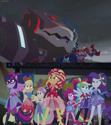 Size: 1920x2160 | Tagged: safe, derpibooru import, edit, edited screencap, screencap, applejack, fluttershy, pinkie pie, rainbow dash, rarity, sci-twi, sunset shimmer, twilight sparkle, cheer you on, equestria girls, equestria girls series, spoiler:eqg series (season 2), clampdown, clash of hasbro's titans, comparison, crossover, decepticon, image, png, scitwilicorn, super ponied up, thunderhoof, transformers, transformers robots in disguise (2015), underbite (decepticon)