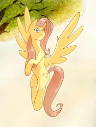 Size: 768x1024 | Tagged: safe, artist:thesilverlightshines, derpibooru import, fluttershy, pegasus, pony, female, flying, head turn, image, jpeg, looking away, looking up, mare, smiling, solo, spread wings, three quarter view, tree, wings