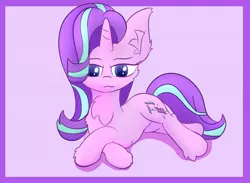 Size: 1500x1100 | Tagged: safe, artist:chocodamai, derpibooru import, starlight glimmer, pony, unicorn, :3, chest fluff, crossed hooves, cute, ear fluff, female, glimmerbetes, hoof fluff, image, jpeg, looking at you, lying down, mare, side, sitting, solo