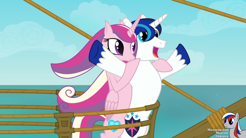 Size: 3840x2160 | Tagged: safe, artist:intelmax89, derpibooru import, princess cadance, shining armor, alicorn, pony, boat, female, happy, image, jpeg, male, movie reference, ocean, shiningcadance, shipping, spread arms, straight, titanic