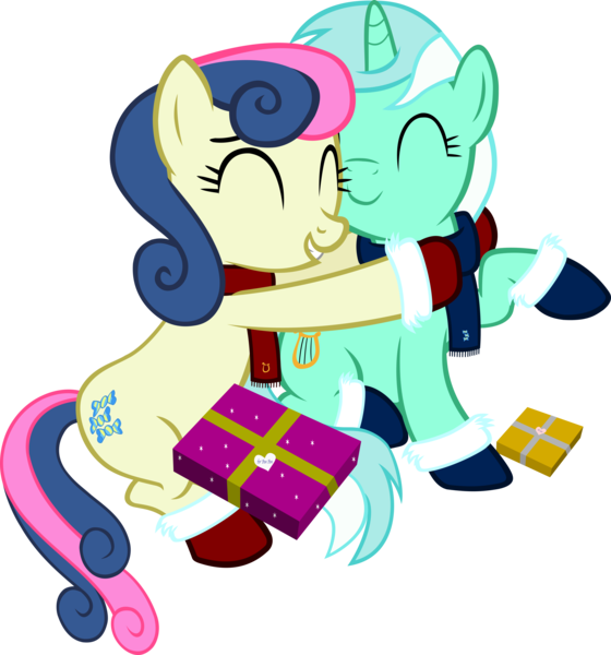 Size: 3761x4029 | Tagged: safe, artist:ironm17, derpibooru import, bon bon, lyra heartstrings, sweetie drops, earth pony, pony, unicorn, trade ya, clothes, duo, duo female, eyes closed, female, gritted teeth, hug, image, lesbian, lyrabon, mittens, png, present, scarf, shipping, simple background, transparent background, vector