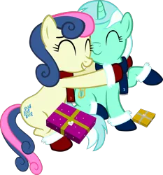 Size: 3761x4029 | Tagged: safe, artist:ironm17, derpibooru import, bon bon, lyra heartstrings, sweetie drops, earth pony, pony, unicorn, trade ya, clothes, duo, duo female, eyes closed, female, gritted teeth, hug, image, lesbian, lyrabon, mittens, png, present, scarf, shipping, simple background, transparent background, vector