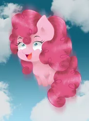 Size: 635x868 | Tagged: safe, artist:avelineh, derpibooru import, pinkie pie, earth pony, pony, chibi, cloud, female, image, jpeg, open mouth, solo