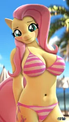 Size: 1080x1920 | Tagged: suggestive, artist:anthroponiessfm, derpibooru import, fluttershy, anthro, pegasus, pony, 3d, adorasexy, belly button, big breasts, bikini, bikini bottom, bikini top, blushing, breasts, busty fluttershy, cleavage, clothes, cute, female, image, looking at you, mare, png, sexy, sfm pony, shyabetes, smiling, source filmmaker, striped bikini, stupid sexy fluttershy, swimsuit, too cute