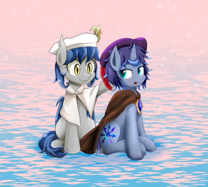 Size: 3000x2700 | Tagged: safe, artist:ce2438, derpibooru import, oc, oc:moonlight toccata, unofficial characters only, bat pony, pony, unicorn, beret, cape, clothes, duo, female, hat, image, png