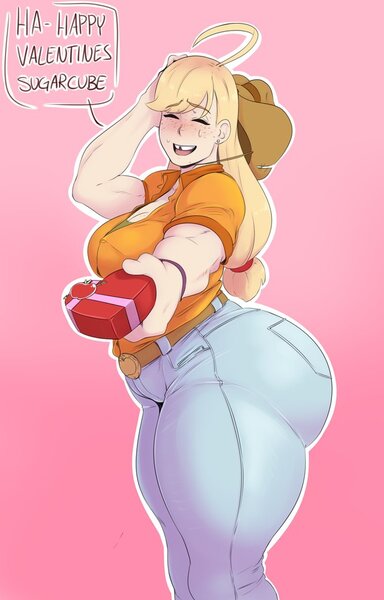 Size: 620x968 | Tagged: suggestive, artist:sundown, derpibooru import, applejack, human, ahoge, applebucking thighs, applebutt, applejack's hat, ass, blonde, blushing, breasts, busty applejack, butt, cleavage, clothes, cowboy hat, eyes closed, freckles, hat, holiday, huge butt, humanized, image, jacqueline applebuck, jeans, jpeg, large butt, open mouth, pants, pink background, simple background, smiling, the ass was fat, thicc ass, thick, thighs, thunder thighs, tooth gap, valentine's day