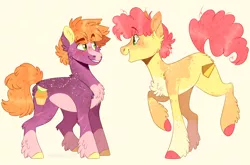 Size: 1668x1098 | Tagged: safe, artist:wanderingpegasus, derpibooru import, li'l cheese, little mac, earth pony, pony, the last problem, alternate hairstyle, blaze (coat marking), blushing, chest fluff, colored hooves, duo, ear fluff, fluffy, freckles, image, looking at each other, male, markings, nonbinary, older li'l cheese, older little mac, open mouth, pale belly, png, raised hoof, raised leg, simple background, snip (coat marking), socks (coat marking), stallion, unshorn fetlocks, white background