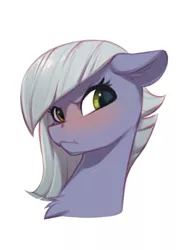 Size: 823x1101 | Tagged: safe, artist:vistamage, derpibooru import, limestone pie, earth pony, pony, :<, :t, angry, blushing, bust, chest fluff, cute, ear fluff, eyelashes, female, floppy ears, glare, grey hair, image, jpeg, limabetes, limetsun pie, looking at you, madorable, mare, scrunchy face, simple background, solo, tsundere, white background