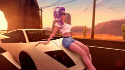 Size: 1920x1080 | Tagged: safe, artist:elektra-gertly, derpibooru import, starlight glimmer, anthro, 3d, belly button, cactus, car, clothes, commission, desert, eyeshadow, flower, flower in hair, image, jpeg, lamborghini, makeup, mascara, midriff, paintover, pinup, shorts, sitting on car, solo, source filmmaker, telephone pole