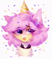 Size: 1384x1570 | Tagged: safe, artist:astralblues, derpibooru import, oc, oc:hannelorakkerman, unofficial characters only, pony, blue eyes, bust, chest fluff, collar, confetti, cute, ear fluff, eyebrows down, fluffy, hat, image, jpeg, party hat, portrait, shy, solo, tongue out