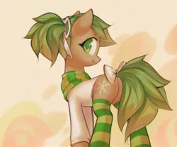 Size: 3269x2705 | Tagged: oc name needed, safe, artist:mirroredsea, derpibooru import, oc, oc:evergreen breeze, unofficial characters only, earth pony, pony, bow, butt, clothes, female, green eyes, image, jpeg, light brown coat, looking at you, mare, multicolored hair, plot, ponytail, scarf, shirt, smiling, socks, solo, striped socks, tail bow