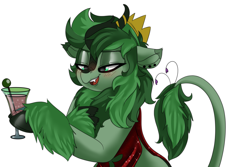 Size: 2944x2160 | Tagged: safe, artist:brainiac, derpibooru import, oc, oc:shotglass, oc:silent spring, unofficial characters only, breezie, kirin, alcohol, blushing, clothes, dress, drunk, fall guys crown, female, hidden, image, mare, piercing, png, simple background, solo, transparent background, wine