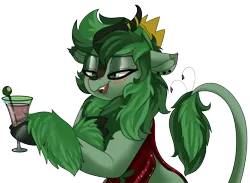 Size: 2944x2160 | Tagged: safe, artist:brainiac, derpibooru import, oc, oc:shotglass, oc:silent spring, unofficial characters only, breezie, kirin, alcohol, blushing, clothes, dress, drunk, fall guys crown, female, hidden, image, mare, piercing, png, simple background, solo, transparent background, wine
