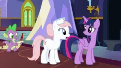 Size: 1280x720 | Tagged: safe, derpibooru import, screencap, nurse redheart, spike, twilight sparkle, twilight sparkle (alicorn), alicorn, dragon, earth pony, pony, a flurry of emotions, female, image, male, mare, png, twilight's castle