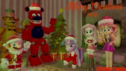 Size: 3840x2160 | Tagged: safe, artist:optimussparkle, derpibooru import, fluttershy, sunset shimmer, twilight sparkle, twilight sparkle (alicorn), alicorn, bear, human, pony, robot, equestria girls, 3d, christmas, christmas lights, christmas ornament, christmas ornaments, christmas outfit, christmas presents, christmas tree, clothes, costume, crossover, decoration, female, five nights at freddy's, freddy fazbear, hat, holiday, image, male, mare, mario, merry christmas, png, present, santa costume, santa hat, source filmmaker, super mario bros., tree