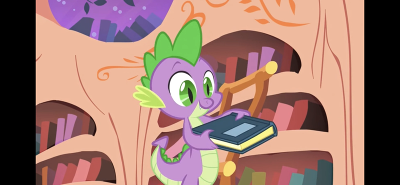 Size: 1792x828 | Tagged: safe, derpibooru import, screencap, spike, dragon, owl's well that ends well, book, golden oaks library, image, library, png, solo