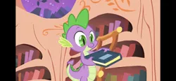 Size: 1792x828 | Tagged: safe, derpibooru import, screencap, spike, dragon, owl's well that ends well, book, golden oaks library, image, library, png, solo