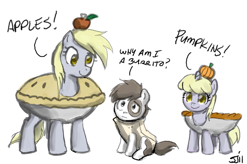 Size: 900x598 | Tagged: safe, artist:johnjoseco, derpibooru import, edit, derpy hooves, dinky hooves, pipsqueak, earth pony, pegasus, pony, unicorn, adobe imageready, apple, burrito, clothes, colt, costume, female, filly, food, image, male, mare, mother and child, mother and daughter, pie, png, pumpkin, simple background, trio, white background