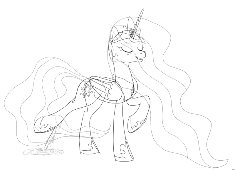 Size: 5300x3840 | Tagged: suggestive, artist:byteslice, derpibooru import, princess celestia, alicorn, pony, blushing, eyes closed, female, folded wings, image, mare, monochrome, pissing, png, raised hoof, simple background, sketch, smiling, solo, standing, urine, white background, wings