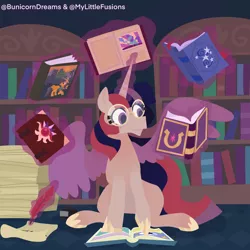 Size: 2048x2048 | Tagged: safe, artist:bunicorndreams, derpibooru import, moondancer, twilight sparkle, twilight sparkle (alicorn), alicorn, pony, unicorn, book, bookshelf, friendship journal, fusion, glasses, image, levitation, magic, png, quill pen, reading, solo, telekinesis