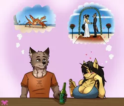 Size: 1280x1088 | Tagged: suggestive, artist:thedrunkcoyote, derpibooru import, oc, oc:amber steel, oc:flynt, unofficial characters only, anthro, coyote, crab, unicorn, alcohol, beer, beer bottle, big breasts, blushing, bottle, breasts, clothes, crab rave, digital art, dress, duo, female, flymber, furry, furry oc, horn, image, jpeg, male, marriage, meme, oc x oc, shipping, shirt, sitting, solo, speech bubble, straight, wedding, wedding dress