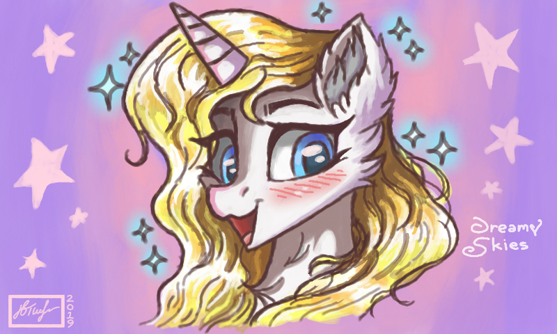 Size: 854x512 | Tagged: safe, artist:dreamyskies, artist:dreamyskiesarts, derpibooru import, oc, oc:sweetie shy, alicorn, pony, 3ds, abstract background, alicorn oc, blushing, bust, happy, horn, image, looking at you, lowres, magic, open mouth, png, pony oc, portrait, signature, sparkles, stars, wings