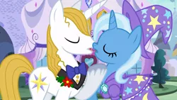 Size: 1000x563 | Tagged: safe, artist:jadethepegasus, derpibooru import, prince blueblood, trixie, bluetrix, female, image, jpeg, kissing, male, shipping, straight