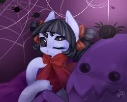 Size: 2500x2000 | Tagged: safe, artist:狄优优, derpibooru import, ponified, pony, spider, black sclera, bow, female, image, mare, muffet, multiple eyes, one eye closed, png, solo, undertale, wink