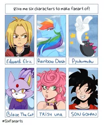 Size: 3000x3543 | Tagged: safe, artist:kaeltheraptorpony, derpibooru import, rainbow dash, anthro, human, pegasus, pony, six fanarts, anthro with ponies, blaze the cat, bust, clothes, crossover, dragon ball z, edward elric, eyes closed, female, fullmetal alchemist, gohan, grin, image, jojo's bizarre adventure, male, mare, peace sign, png, pokémon, pyukumuku, smiling, sonic the hedgehog (series), trish una