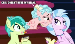Size: 843x500 | Tagged: safe, derpibooru import, edit, edited screencap, screencap, cozy glow, sandbar, silverstream, earth pony, hippogriff, pegasus, pony, chili, chili con carne, chili pepper, colt, female, filly, hot pepper, image, male, png, whispering