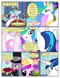 Size: 612x792 | Tagged: safe, artist:newbiespud, derpibooru import, edit, edited screencap, screencap, applejack, caesar, count caesar, princess cadance, princess celestia, rarity, royal ribbon, shining armor, spike, twilight sparkle, alicorn, dragon, pony, unicorn, comic:friendship is dragons, bowtie, clothes, comic, dialogue, dress, eyelashes, eyes closed, female, flower, flower in hair, hat, image, jewelry, male, mare, open mouth, peytral, pillow, png, ring, screencap comic, shiningcadance, shipping, stallion, straight, suit, tiara, unicorn twilight, wedding dress, wedding ring