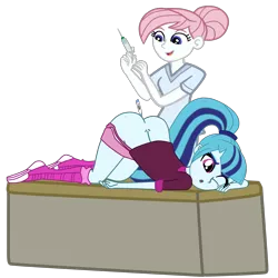 Size: 2952x2952 | Tagged: suggestive, artist:gmaplay, derpibooru import, part of a set, nurse redheart, sonata dusk, equestria girls, rainbow rocks, anal insertion, ass, butt, dimples of venus, face down ass up, image, imminent pain, insertion, nurse, nurse outfit, png, rectal thermometer, simple background, sonata donk, syringe, transparent background