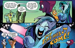 Size: 1491x954 | Tagged: safe, artist:andypriceart, derpibooru import, idw, applejack, cactus rose, medley brook, tempest shadow, zecora, abada, earth pony, kelpie, pony, unicorn, zebra, spoiler:comic, spoiler:comic91, armpits, broken horn, cactus, cropped, female, horn, image, imminent singing, laughing, mare, png, question mark, season 10, singing, spotlight