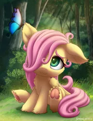 Size: 2000x2600 | Tagged: safe, artist:symbianl, derpibooru import, fluttershy, butterfly, insect, pegasus, pony, :3, cute, daaaaaaaaaaaw, female, filly, filly fluttershy, floppy ears, frog (hoof), hair over one eye, hoofbutt, image, png, precious, shyabetes, smiling, smol, solo, symbianl is trying to murder us, underhoof, weapons-grade cute, wings, younger