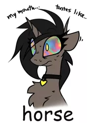 Size: 1500x1919 | Tagged: safe, artist:fenixdust, derpibooru import, oc, oc:ivy, pony, unicorn, chest fluff, choker, colored sclera, comic sans, don't do drugs, female, floppy ears, high, image, mare, png, shoulder fluff, simple background, solo, text, tripping balls, white background, wide eyes