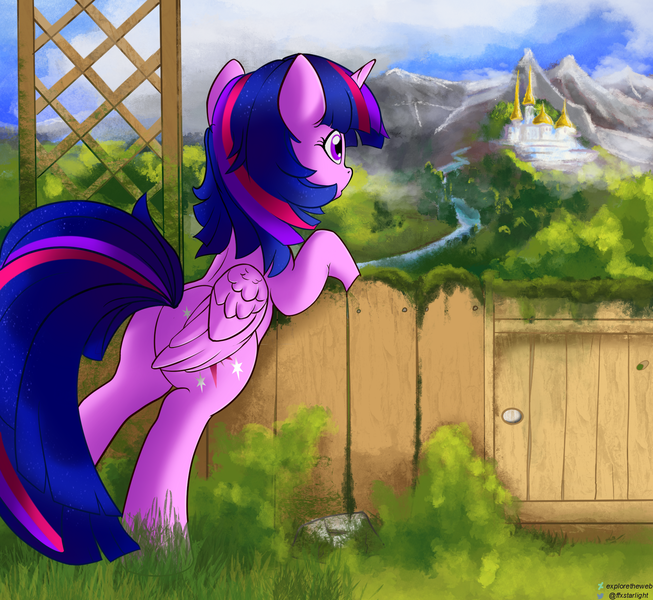 Size: 2048x1883 | Tagged: safe, artist:exploretheweb, derpibooru import, twilight sparkle, twilight sparkle (alicorn), alicorn, pony, butt, castle, cloud, daytime, female, fence, gate, image, mare, mountain, multicolored mane, multicolored tail, plot, png, purple eyes, purple fur, purple wings, river, scenery, solo, tomboy, tree, twibutt, water, wings