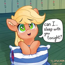 Size: 2250x2250 | Tagged: safe, artist:docwario, artist:yelowcrom, derpibooru import, applejack, earth pony, pony, applebetes, blushing, bronybait, collaboration, cute, daaaaaaaaaaaw, dialogue, ear fluff, eyebrows visible through hair, female, freckles, happy, high res, image, indoors, jackabetes, jacktober, looking at you, pillow, png, smiling, smiling at you, solo, speech bubble, talking, talking to viewer, watermark, weapons-grade cute, wooden floor