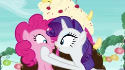 Size: 1920x1080 | Tagged: safe, derpibooru import, screencap, pinkie pie, rarity, earth pony, pony, unicorn, the gift of the maud pie, biting, duo, duo female, female, food, image, mare, png, sundae, tongue bite