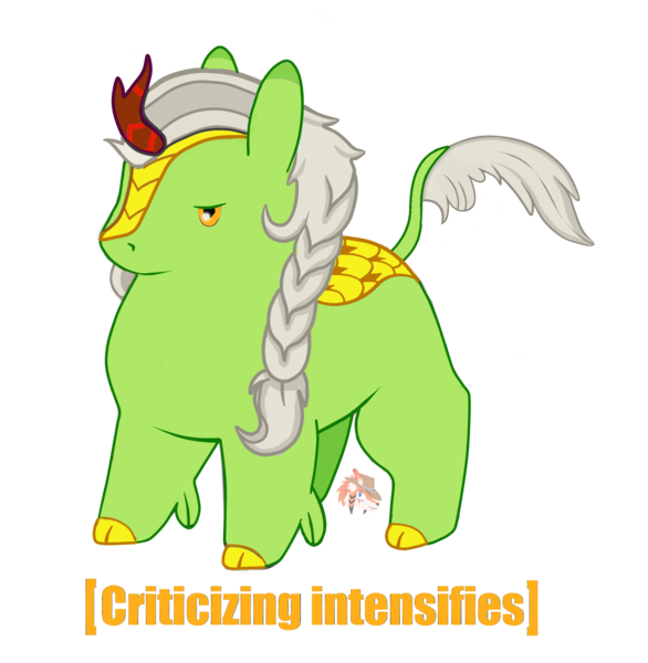 Size: 2520x2580 | Tagged: safe, artist:firehearttheinferno, derpibooru import, oc, oc:golden koi, unofficial characters only, kirin, braided ponytail, caption, chibi, chimken numget, chubby, commission, cute, image, kirin oc, male, meme, png, potato pony, present, simple background, solo, stallion, stare, transparent background, unamused, x intensifies