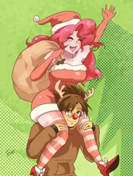 Size: 1223x1620 | Tagged: safe, artist:traupa, derpibooru import, pinkie pie, oc, oc:copper plume, human, animal costume, antlers, bag, breasts, busty pinkie pie, canon x oc, carrying, christmas, christmas stocking, clothes, commission, commissioner:imperfectxiii, copperpie, costume, female, freckles, glasses, gloves, hat, holiday, humanized, image, jpeg, long gloves, male, red nose, reindeer antlers, reindeer costume, santa hat, shipping, shoes, shoulder ride, smiling, socks, straight, striped socks, striped stockings