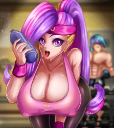 Size: 1336x1500 | Tagged: suggestive, artist:fenrox, derpibooru import, princess cadance, shining armor, human, abs, big breasts, breasts, busty princess cadance, cleavage, downblouse, erect nipples, fetish, gym, huge breasts, humanized, image, jpeg, multicolored hair, muscle fetish, muscles, nipple outline, solo focus, stupid sexy princess cadance, sweat