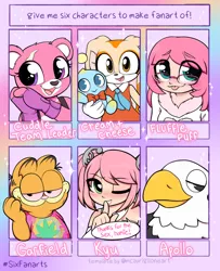 Size: 2433x3000 | Tagged: safe, artist:moozua, derpibooru import, oc, oc:fluffle puff, anthro, bear, bird, cat, chao, eagle, fairy, human, rabbit, six fanarts, :p, animal, animal crossing, apollo, blushing, bust, cheese the chao, clothes, cream the rabbit, crossover, cuddle team leader, female, fingerless gloves, fortnite, garfield, glasses, gloves, heart eyes, high, humanized, image, kyu sugardust, male, one eye closed, open mouth, png, shhh, smiling, sonic the hedgehog (series), stoned, tongue out, waving, wingding eyes, wink